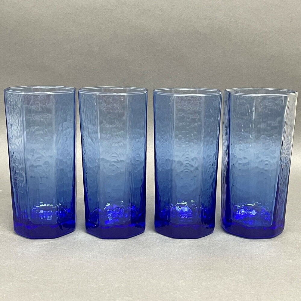 Cobalt Blue Clear Glass Glasses Panels Textured Highball 6‎ 1/8" high Lot of 4